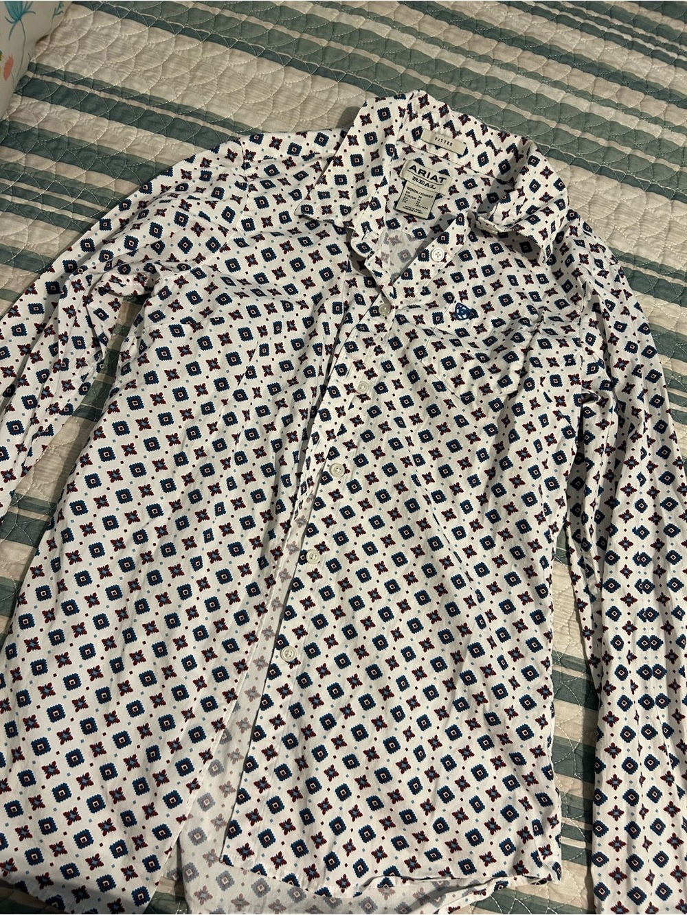 Ariat White Long-Sleeve Button-Down with Navy and Red Geometric Print